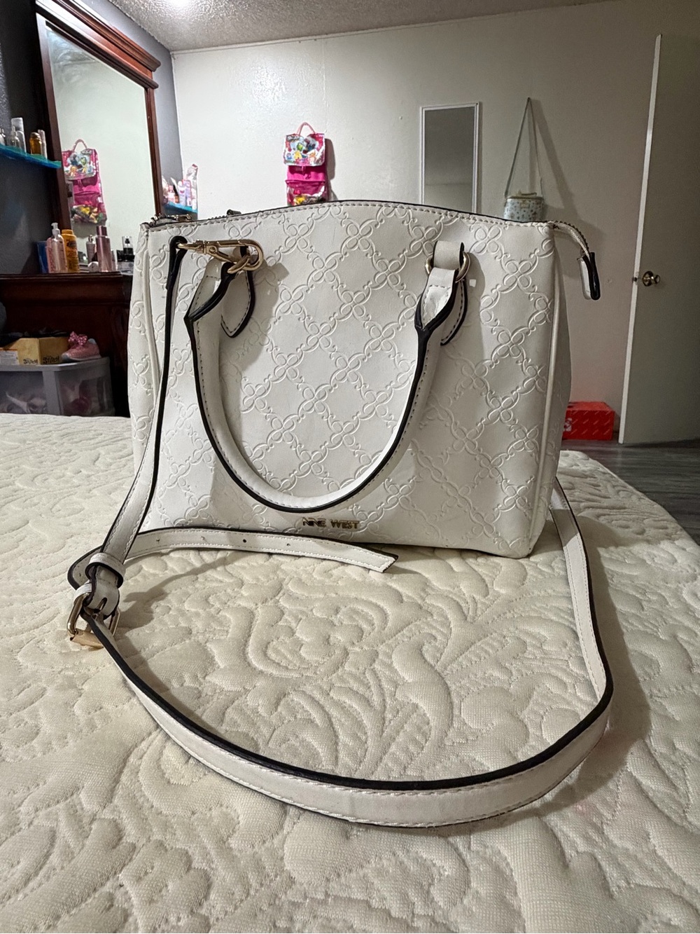 Nine West Cream Embossed Satchel with Adjustable Strap